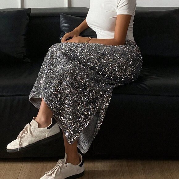 Silver Preppy Women's Sequin A-Line Skirt